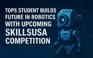 Title text with a blue tech background and a boxy rescue robot on treads, featuring mechanical arms and a lens head.