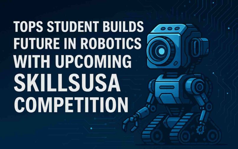 Title text with a blue tech background and a boxy rescue robot on treads, featuring mechanical arms and a lens head.