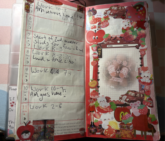 An open journal decorated with stickers and handwritten notes for school and work.